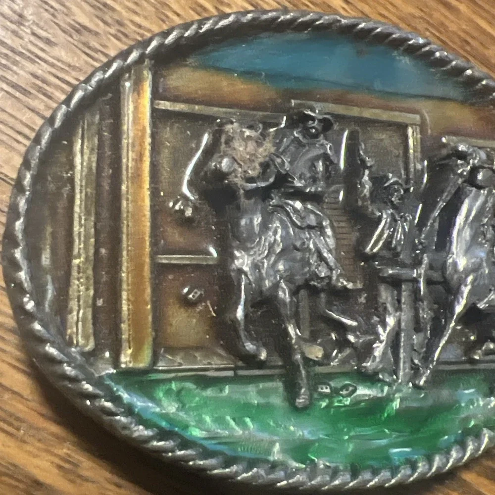 Vintage 1983 Cowboys Belt Buckle Bergamot Brass Works J-146   Horse Made In USA
